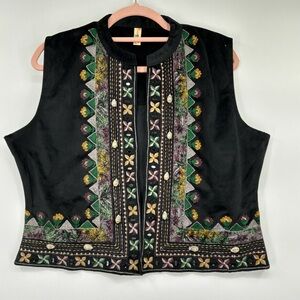 Black velvet Vest with Colorful floral Embroidery